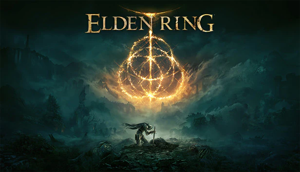 A glowing golden rune hangs over a dark teal landscape above a kneeling warrior.