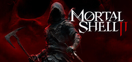 A hooded warrior carries a jagged polearm against a red backdrop.