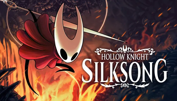 A red-cloaked bug with a horned white mask diving needle-first past burning wreckage.