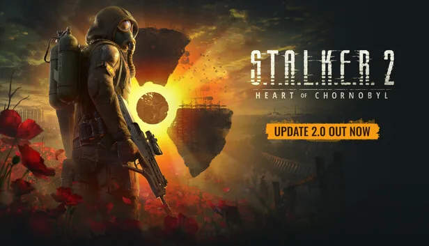 A gas-masked stalker holds a rifle among red poppies beside a floating landmass and an eclipsed sun.